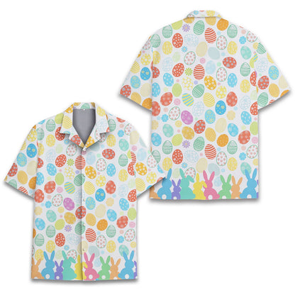 White Easter hawaiian shirt with colorful eggs and pastel bunnies, front view detail 3