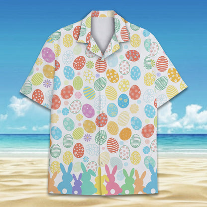 White Easter hawaiian shirt with colorful eggs and pastel bunnies, main view