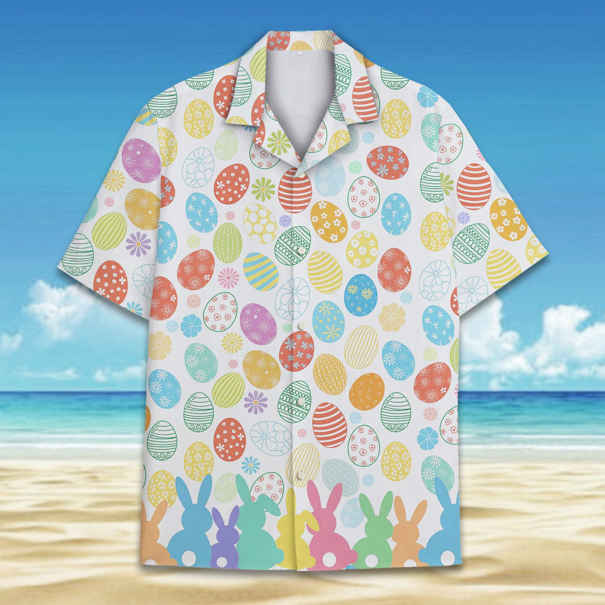 White Easter hawaiian shirt with colorful eggs and pastel bunnies, front view