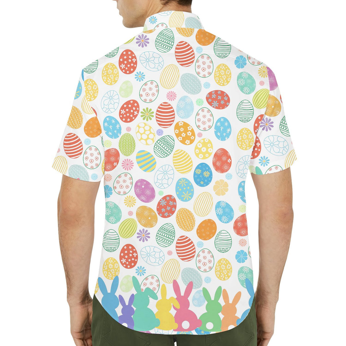 Second lifestyle view of a family wearing matching Easter hawaiian shirts with colorful eggs