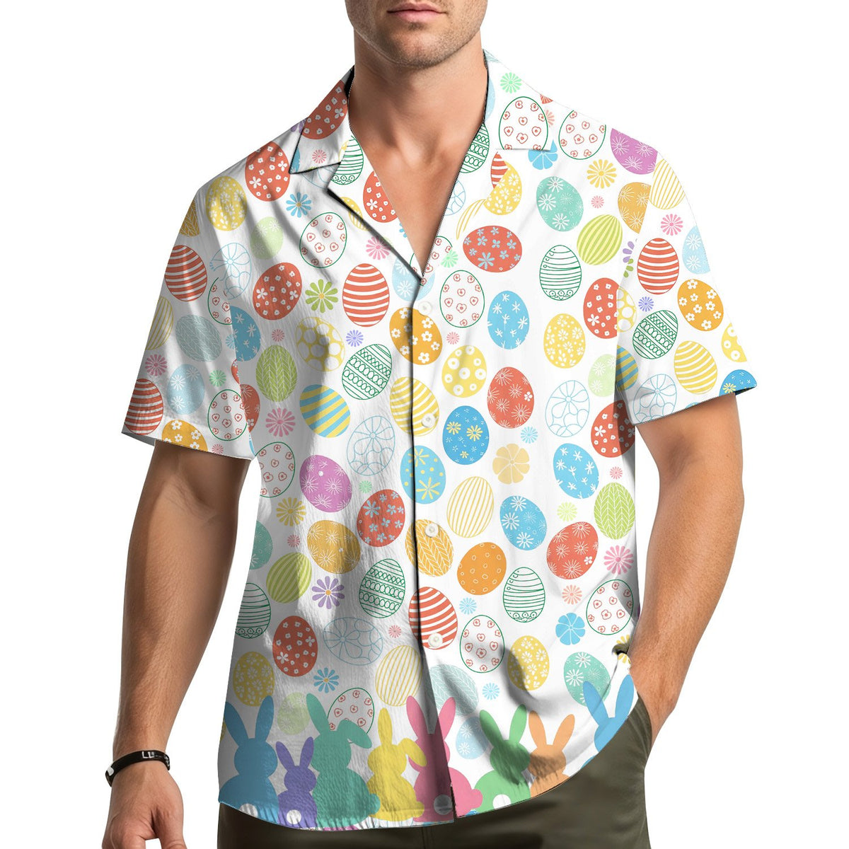 Lifestyle view of a family wearing matching Easter hawaiian shirts with colorful eggs