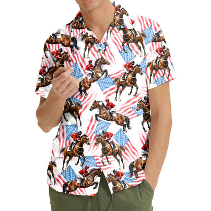 Lifestyle view of someone wearing the fourth of july hawaiian shirt