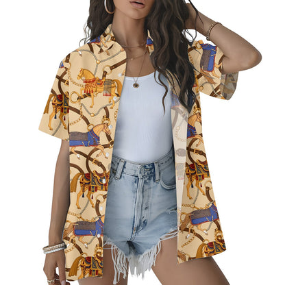 Back view of the matching family hawaiian shirts in beige equestrian print