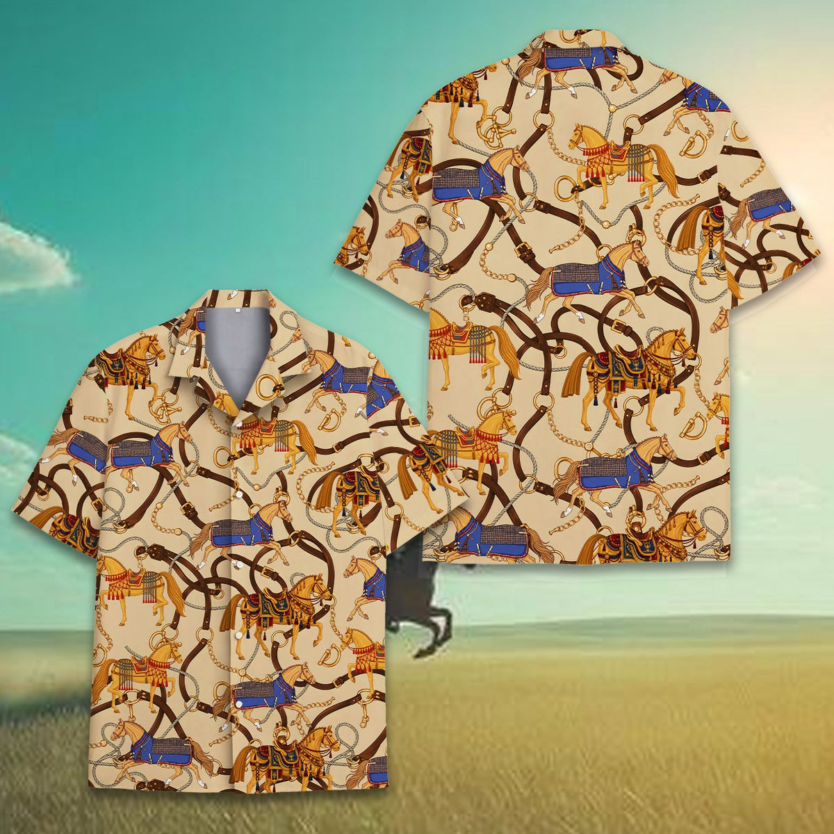Beige equestrian hawaiian shirt with luxury horse print, main view