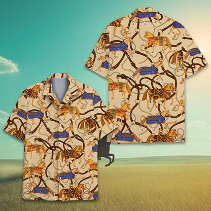Beige equestrian hawaiian shirt with luxury horse print, main view
