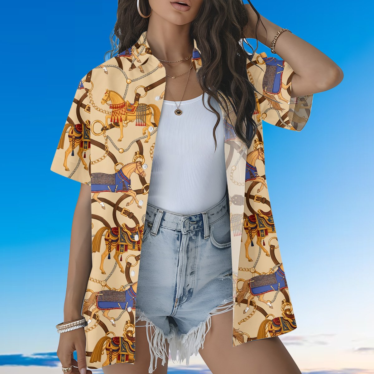 Second lifestyle image of the equestrian print hawaiian shirt