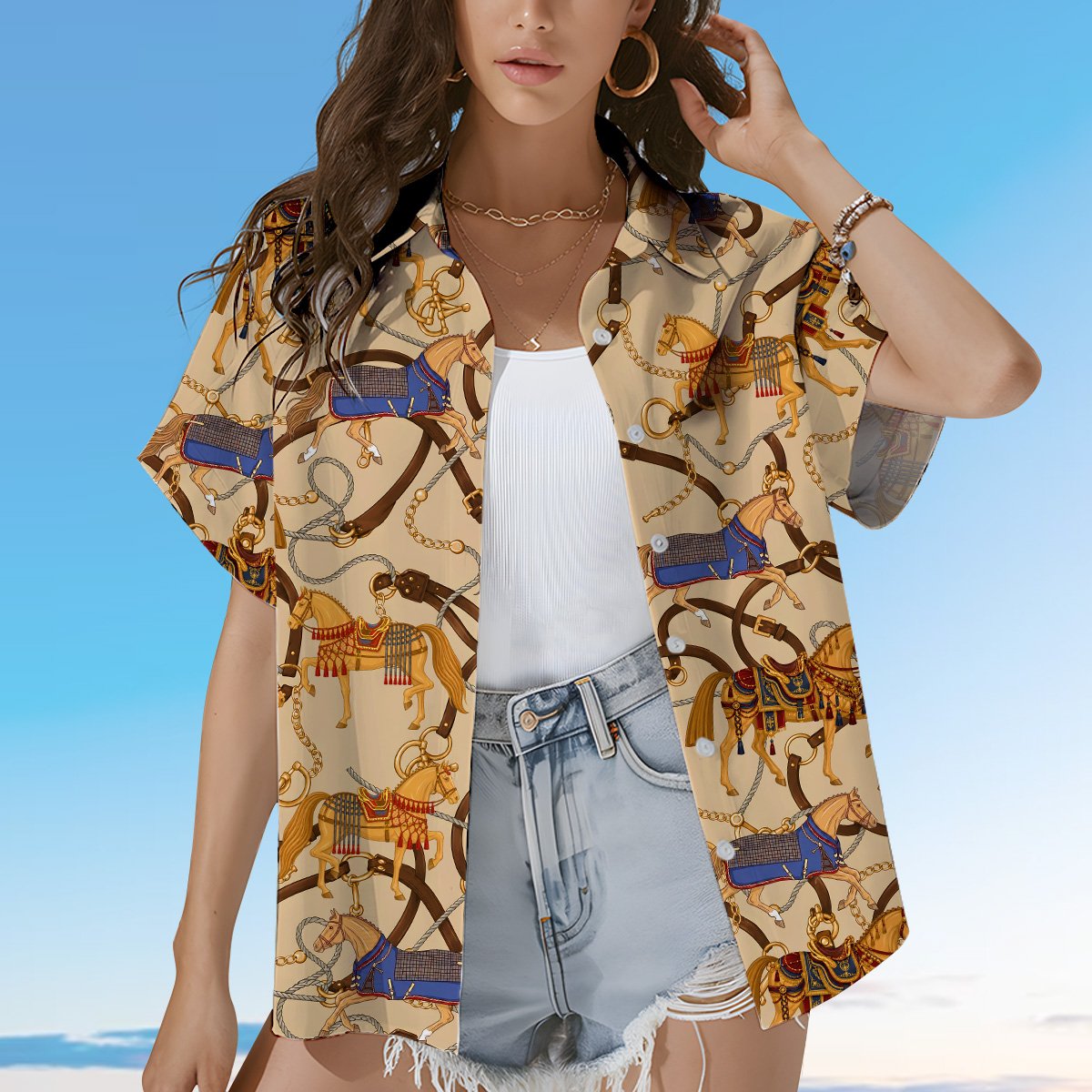 Fourth lifestyle view highlighting the luxury scarf print style