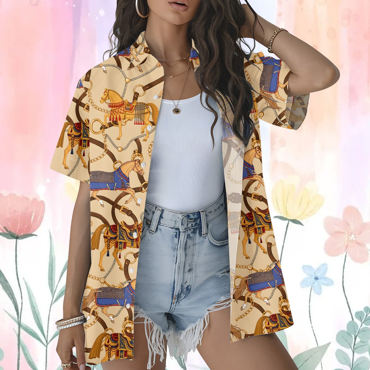 Lifestyle view of an adult wearing the beige equestrian hawaiian shirt