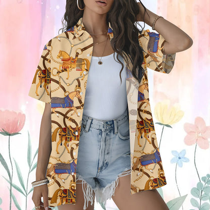 Lifestyle view of an adult wearing the beige equestrian hawaiian shirt