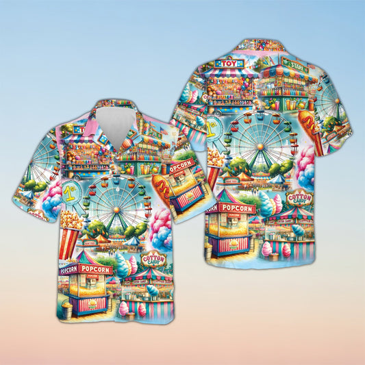 Matching family Hawaiian shirt with blue fair theme, front view
