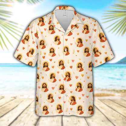 Beige faith hawaiian shirt featuring a cartoon-style Jesus pattern, front view