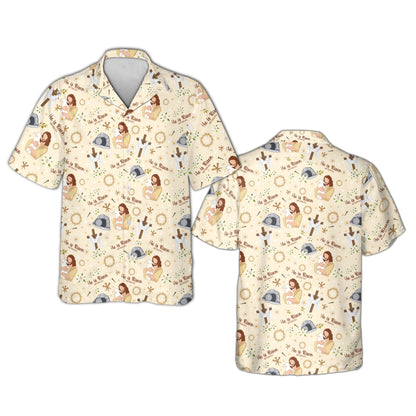 Beige faith hawaiian shirt featuring He is Risen design, main view