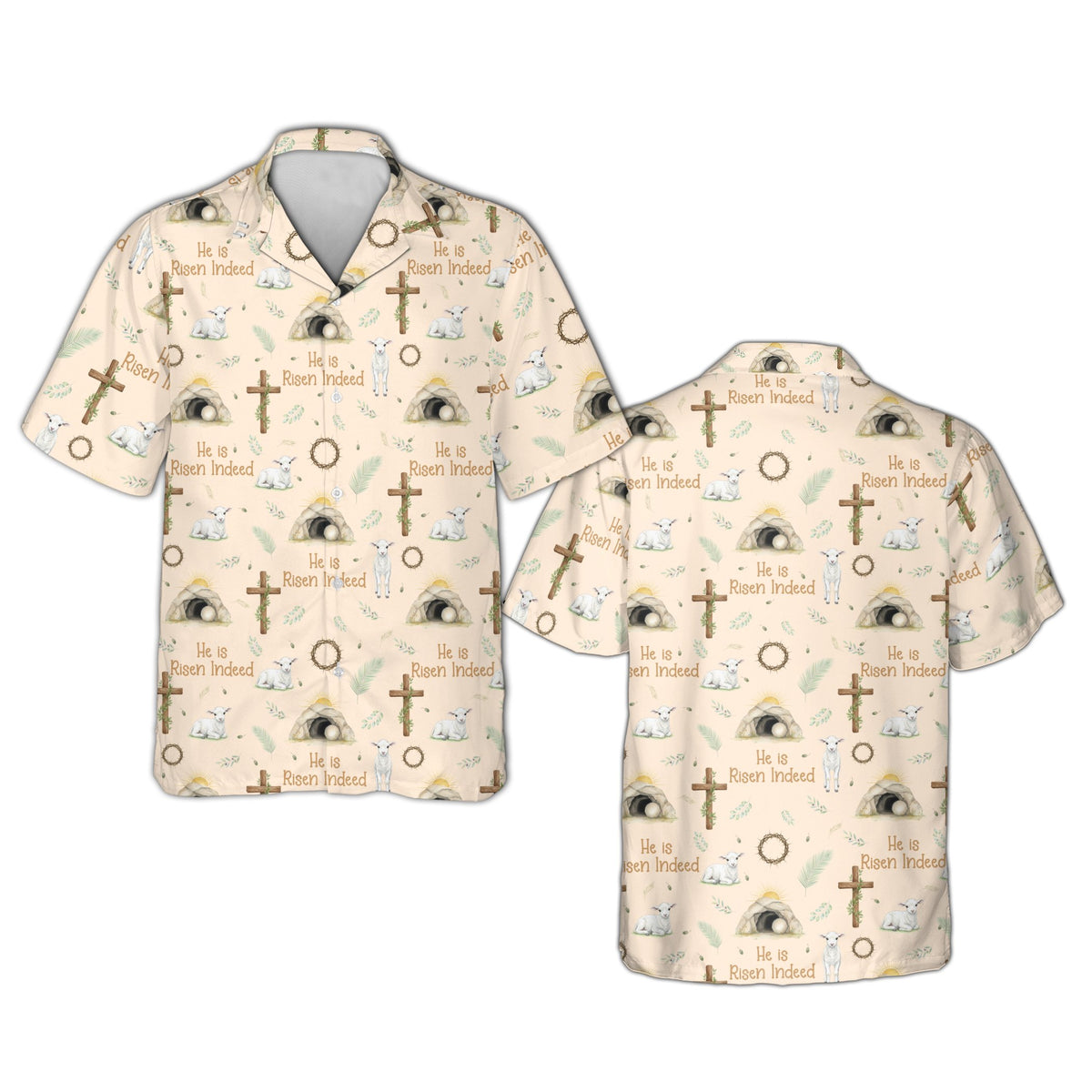 Family wearing matching beige faith hawaiian shirts with Easter and He Is Risen motifs, main view
