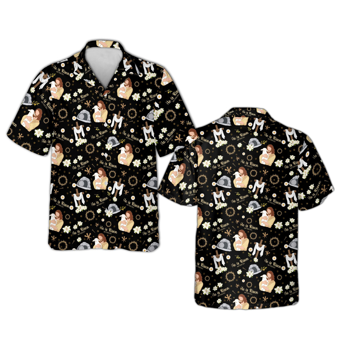 Black easter hawaiian shirt with Jesus holding a lamb pattern, front view