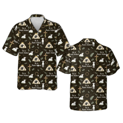 Black faith hawaiian shirt featuring crown of thorns and palm branches, front view