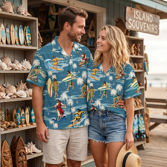 Front view of the blue faith Hawaiian shirt featuring a surfing Jesus tropical print