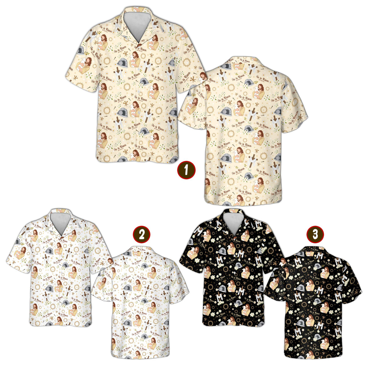 Faith hawaiian shirt with holiday pattern, front view