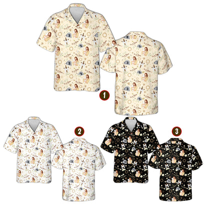 Faith hawaiian shirt with holiday pattern, front view