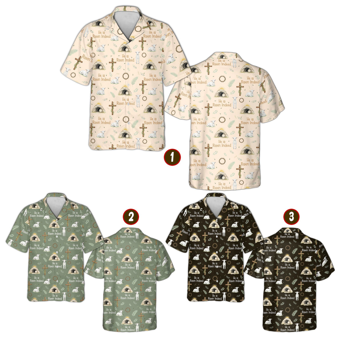 Detailed front view of faith hawaiian shirt showing He is Risen Indeed text and lamb design