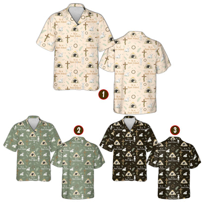 Detailed front view of faith hawaiian shirt showing He is Risen Indeed text and lamb design