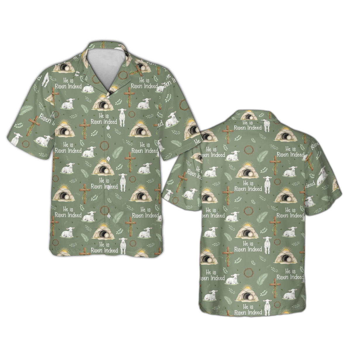 Green faith hawaiian shirt with Easter cross and empty tomb design, front view