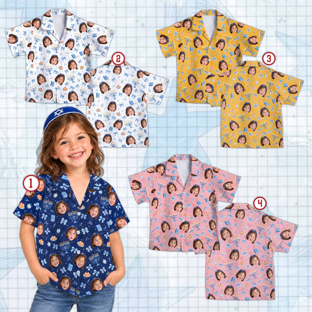 Family wearing matching navy faith hawaiian shirts with Hanukkah design