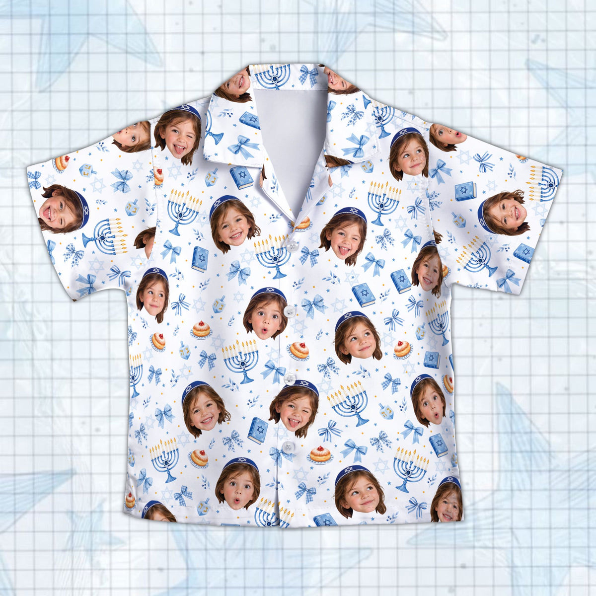 Front view of multicolor Hanukkah holiday hawaiian shirt with custom face cutouts