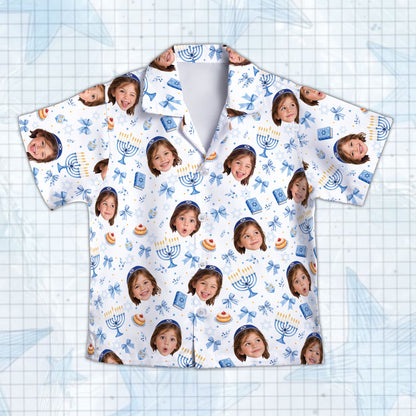 Front view of multicolor Hanukkah holiday hawaiian shirt with custom face cutouts