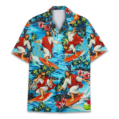 Close up front view of the tropical hawaiian shirt design
