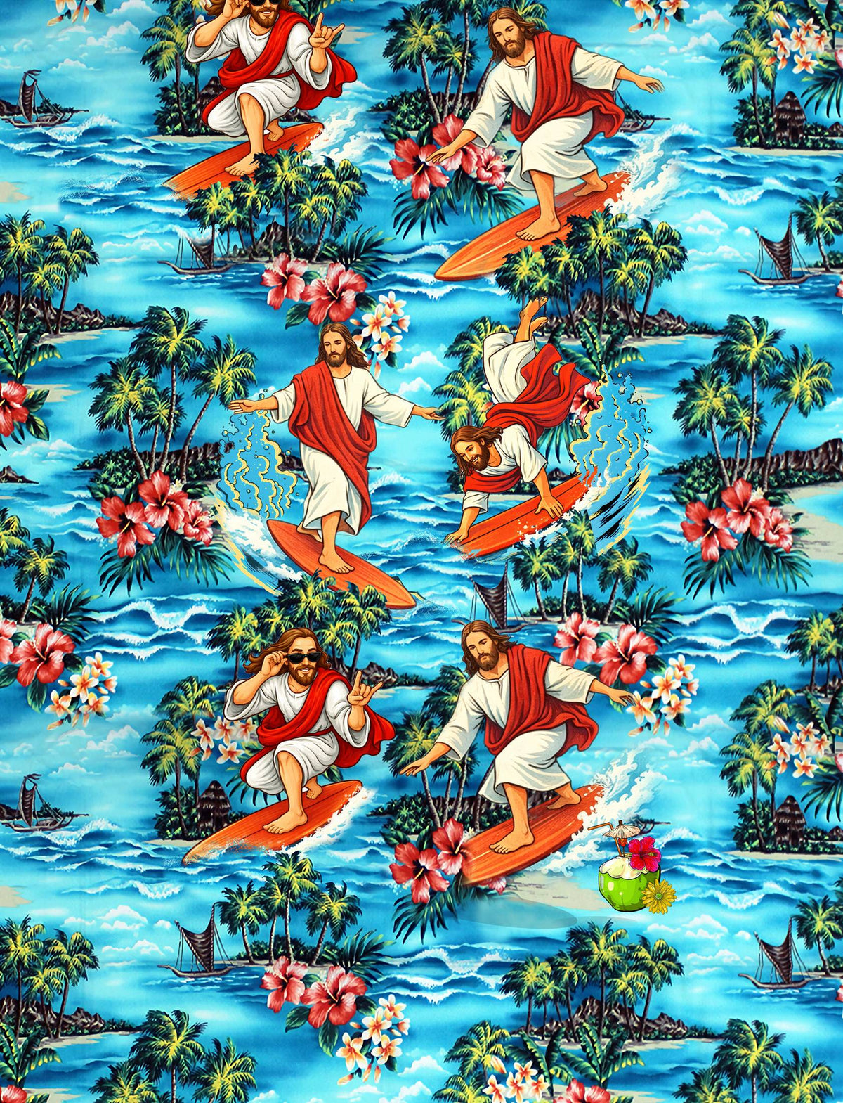 Detailed front view showing the button-down style of the faith hawaiian shirt