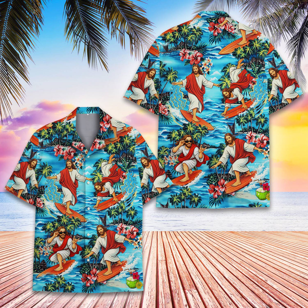Main view of the faith hawaiian shirt featuring Jesus surfing on a tropical blue background