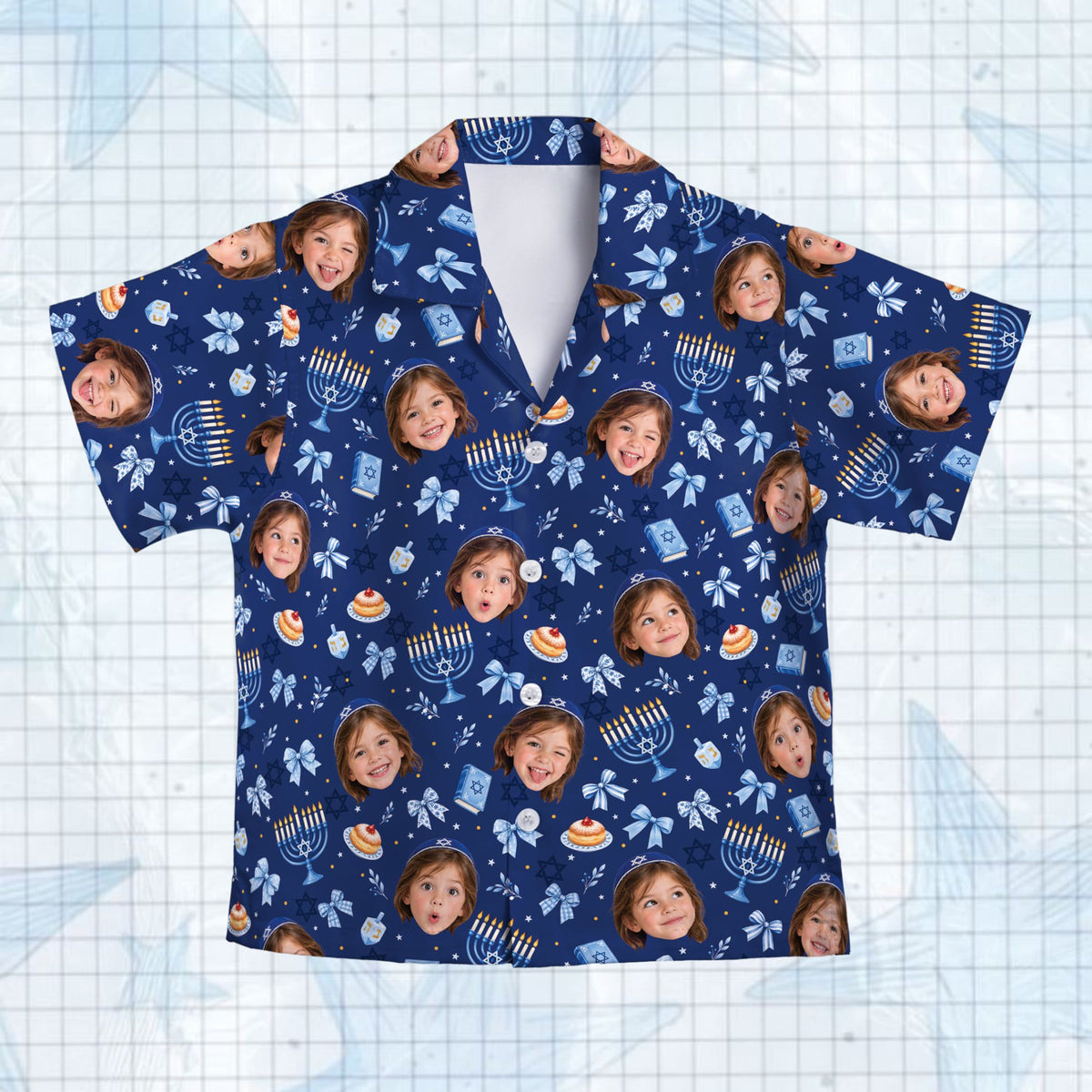 Matching family hawaiian shirts featuring Hanukkah symbols and custom photos on a navy background