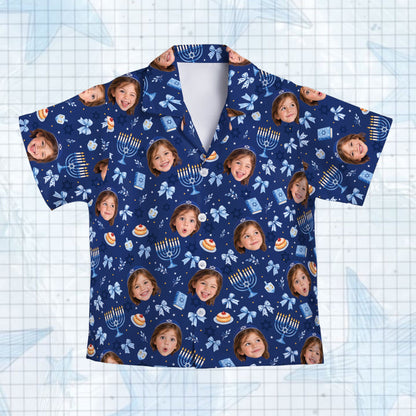 Matching family hawaiian shirts featuring Hanukkah symbols and custom photos on a navy background
