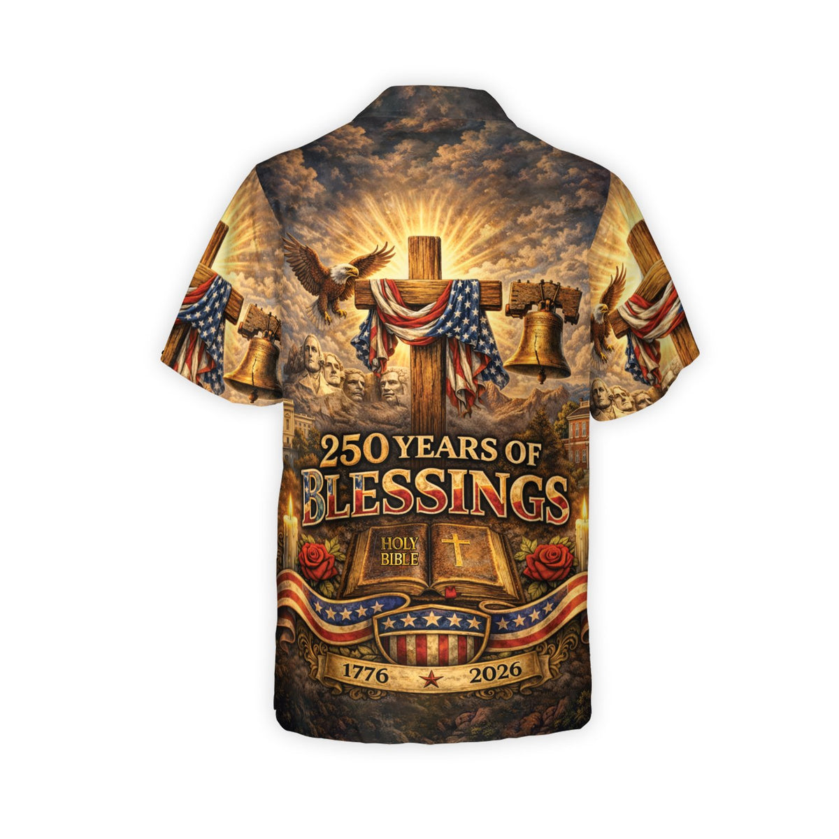Back view of the matching family hawaiian shirt highlighting the 250 Years of Blessings banner