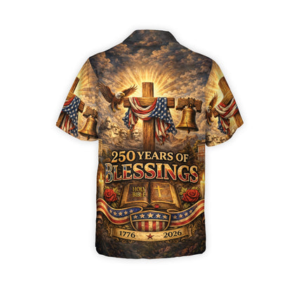 Back view of the matching family hawaiian shirt highlighting the 250 Years of Blessings banner