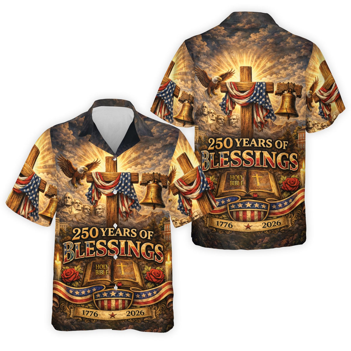 Front view of the faith, patriotic, fourth of july, christian hawaiian shirt with cross and eagle design