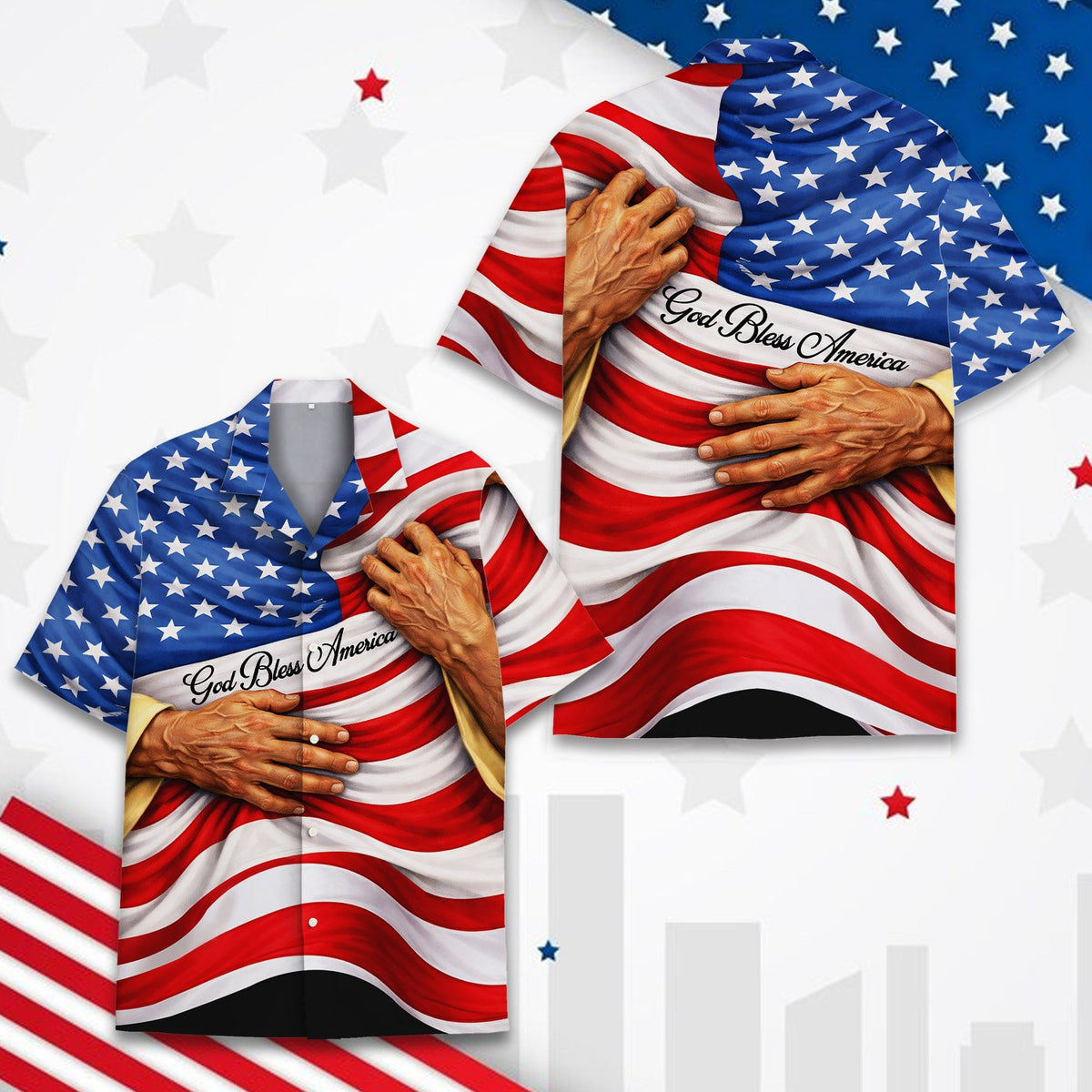 Alternative front view of the patriotic hawaiian shirt