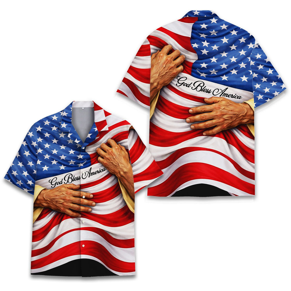 Detailed front view of the red, white, and blue God Bless America shirt