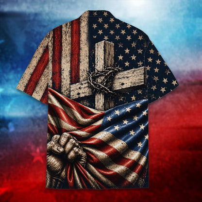 Detailed back view showing the cross, thorns, and distressed flag design