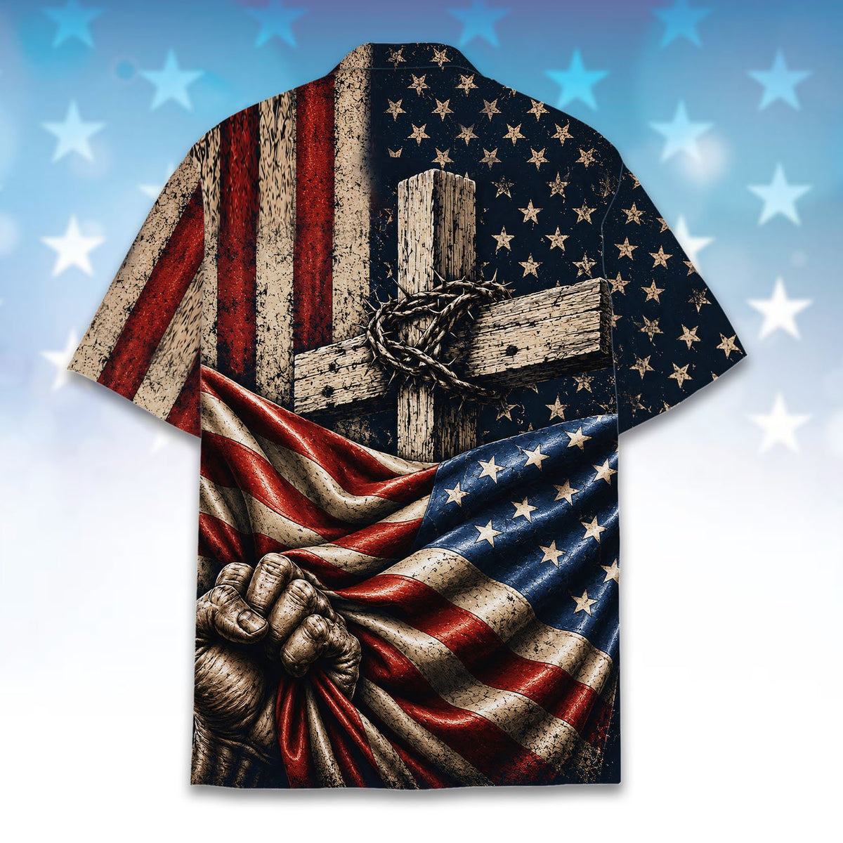 Close-up back view of the faith and patriotic hawaiian shirt