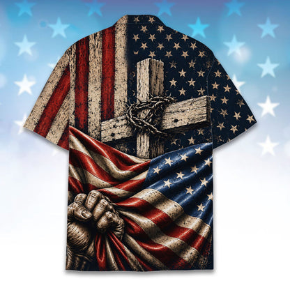 Close-up back view of the faith and patriotic hawaiian shirt