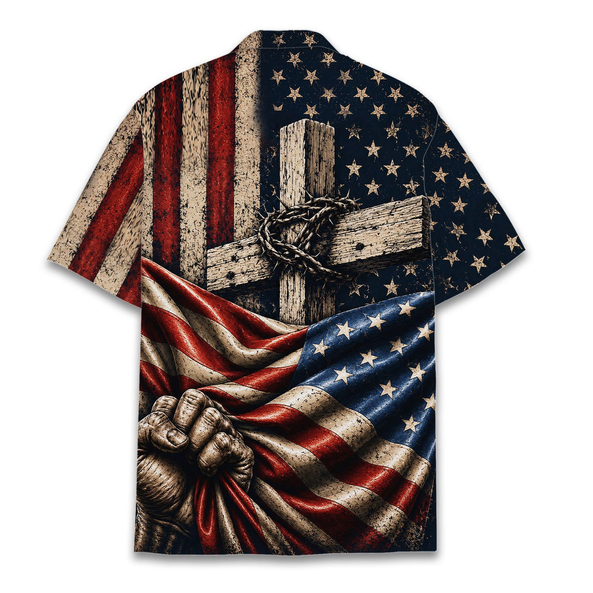 Back view of the faith, patriotic hawaiian shirt