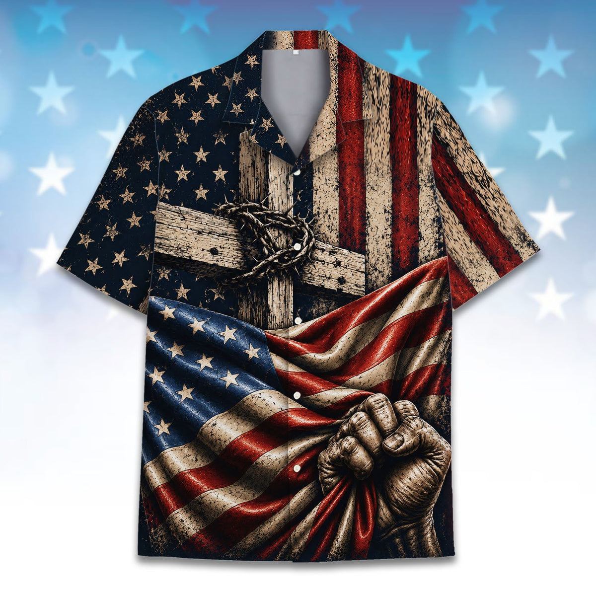 Front detail view of the faith and patriotic hawaiian shirt pattern