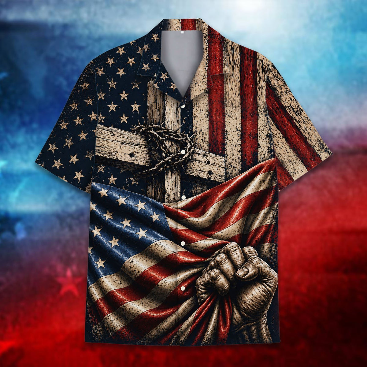 Faith, patriotic hawaiian shirt featuring a cross and distressed flag on navy, main view