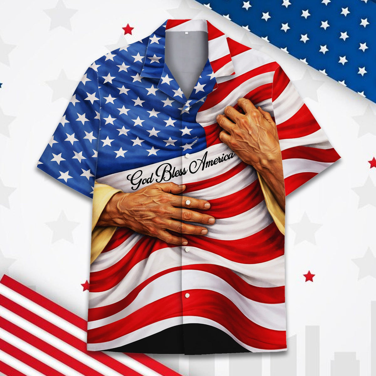 Front view of the matching family hawaiian shirt featuring hands holding the American flag