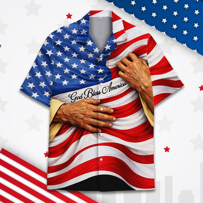 Red faith hawaiian shirt with God Bless America and flag design, front view