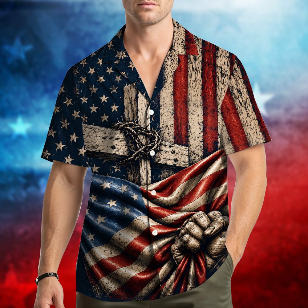 Secondary lifestyle view of the faith and patriotic hawaiian shirt in an outdoor setting