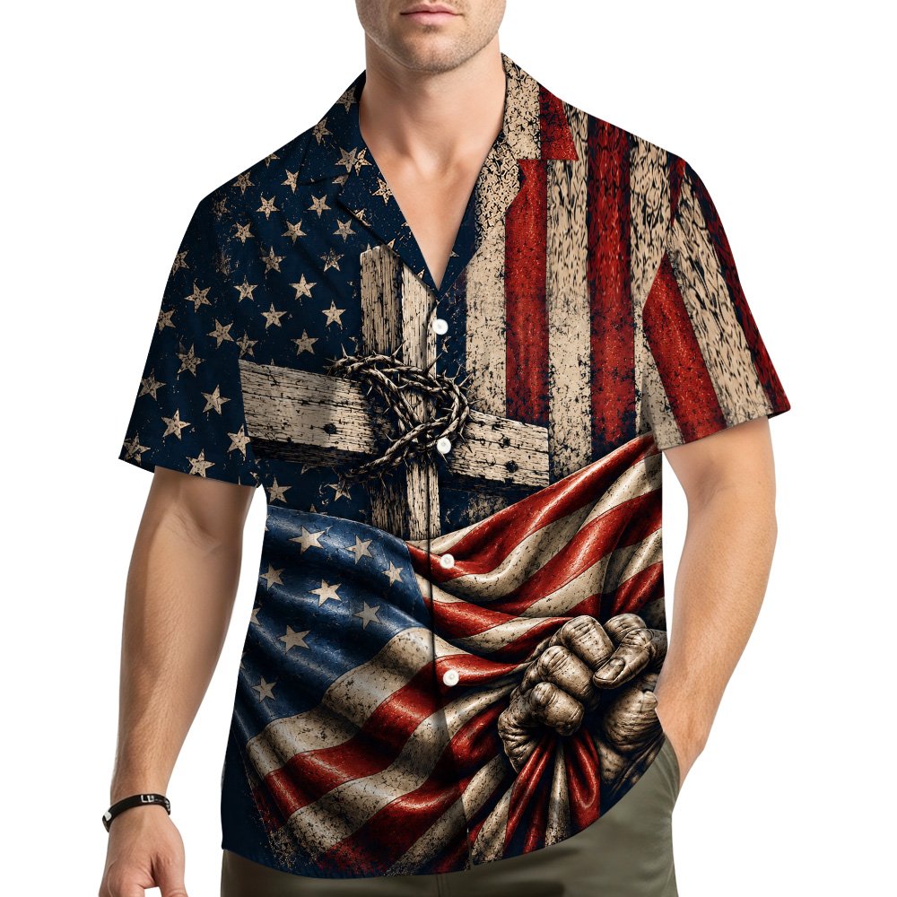 Lifestyle view of a person wearing the matching family hawaiian shirt