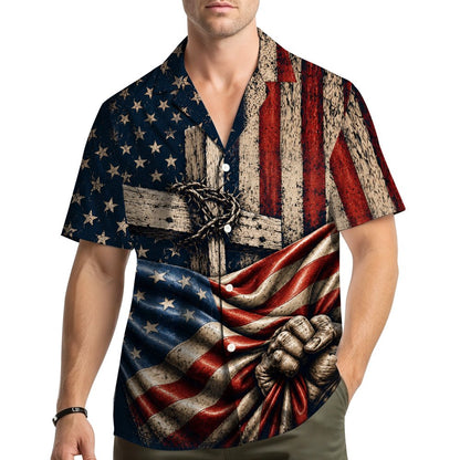 Lifestyle view of a person wearing the matching family hawaiian shirt