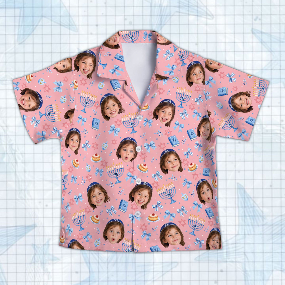 Front view of pink holiday hawaiian shirt with personalized name and photo
